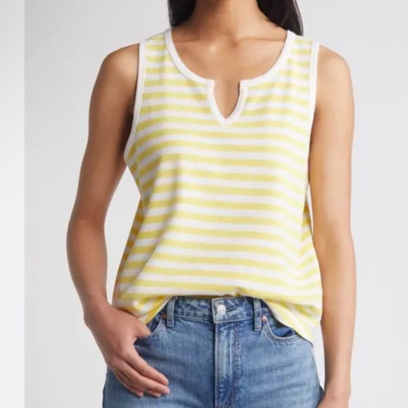 Caslon Nordstrom XXL Bright Yellow White Striped V Neck Casual Tank Summer NWT - Picture 1 of 6